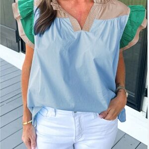 Voy Blue Colorblock Coquette Ruffle Sleeve Top Cotton Blend Coastal Summer Small
